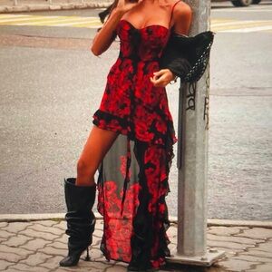 Red Floral High-Low Evening Dress with Sheer Skirt Dress and Dress for Women via